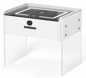 Интелигентно нощно шкафче с безжично зареждане, LED осветление, 1 чекмедже за съхранение, Bluetooth високоговорител и заключване с пръстов отпечатък – бяло, модерен дизайн от стъкло и дърво