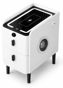 Тънко интелигентно нощно шкафче с безжично зареждане, LED осветление, Bluetooth високоговорител, USB и Type-C портове и система с пръстов отпечатък – бял цвят, 2 чекмеджета, модерен дизайн от стъкло и дърво
