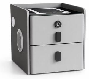 Тънко интелигентно нощно шкафче с безжично зареждане, LED осветление, Bluetooth високоговорител, USB и Type-C порт и система за пръстов отпечатък – антрацитносив цвят, 2 чекмеджета, модерен дизайн от стъкло и дърво