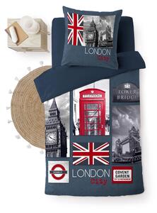 Тъмносиньо единично памучно спално бельо 140x200 cm City London – douceur d'intérieur