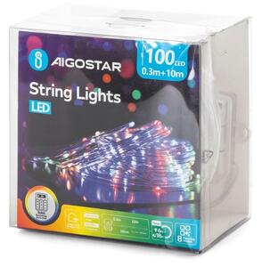 Aigostar-LED външна коледна гирлянда с 100 LED, 8 режима, 3xAA, 10,3m, IP44, многоцветна