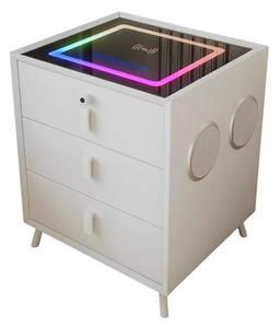 Интелигентно нощно шкафче с безжично зареждане и LED осветление – цвят: бял, 3 чекмеджета за съхранение, Bluetooth високоговорител