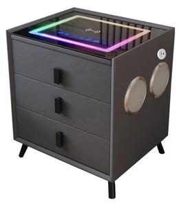 Интелигентно нощно шкафче с безжично зареждане и LED осветление – цвят: антрацит сив, 3 чекмеджета за съхранение, Bluetooth високоговорител