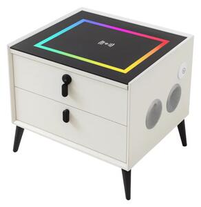 Интелигентно нощно шкафче с безжично зареждане и LED осветление – бял цвят, 2 чекмеджета за съхранение, модерен дизайн – закалено стъкло