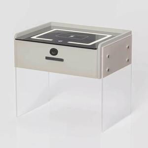Интелигентно нощно шкафче с безжично зареждане, LED осветление, 1 чекмедже за съхранение, Bluetooth високоговорител и заключване с пръстов отпечатък – бяло, модерен дизайн от стъкло и дърво