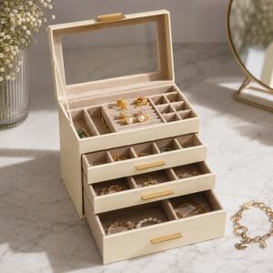 Бежова кутия за бижута с чекмеджета и отделения, 25 x 21 x 15 см