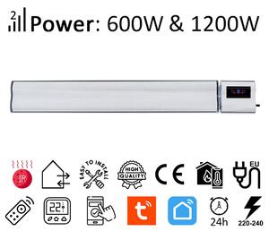 Инфрачервен панел електрически нагревател 1200W/600W ElectricSun Бял с термостат със Smart Life приложение Wi-Fi, 94x15см