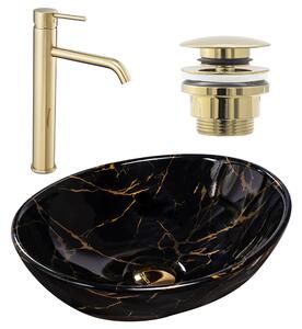 Комплект Умивалник за плот Sofia marble black + Смесител за баня Lungo gold + Изпускателен клапан gold