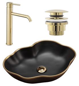 Комплект Умивалник за плот Rea Pearl black matt gold edge + Смесител за баня Lungo gold + Изпускателен клапан gold