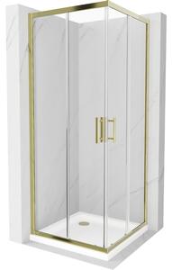 Mexen Rio квадратна душ кабина 90 x 90 см, прозрачна, златна + корито Flat, бяло