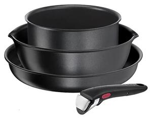 Комплект тигани Tefal Ingenio 2100038720, 4 части, Подвижна дръжка, Незалепващо покритие, Без PFOA, Алуминий, Черен