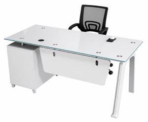 Комплект Prime & FlexiPro – Бюро със стъклен плот, фиксиран страничен шкаф и ергономичен офис стол с мрежеста облегалка