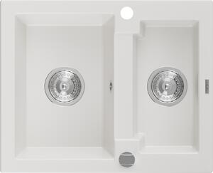 Mexen Carlos гранитна мивка 1,5-камерна 582 x 475 мм, бяла, сифон хром - 6518581500-20