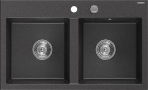 Mexen Hektor гранитна мивка с 2 камери 800 x 480 mm, черна на пръски, хромиран сифон - 6521802000-76