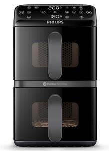Двоен вертикален фритюрник с горещ въздух Philips Dual Stack 4000 NA460/00, 2750W, 10 л, 13 програми, 40-220°C, Синхронизация, Керамично покритие без PFAS, Прозорец, Черен