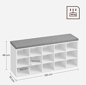 Пейка за обувки с възглавница и 15 отделения, стелаж за съхранение в коридора, издържа до 200 кг, сиво-бяла, VASAGLE