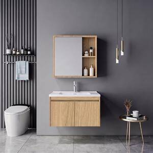 Set mobilier baie inclus lavoar cu baterie plus masca si dulapior cu oglinda, 2 buc, Sinkea Mentis, Stejar, 61x47x46.5 cm