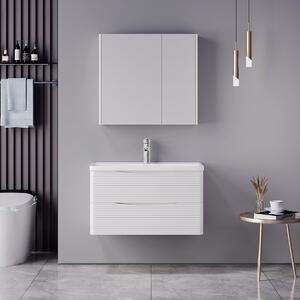 Set mobilier baie inclus lavoar cu sertar si baterie plus dulapior dublu cu oglinda, 2 buc, Tzouena Mentis, Alb, 84x51.5x57 cm