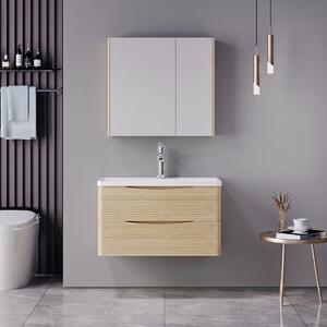 Set mobilier baie inclus lavoar cu sertar si baterie plus dulapior dublu cu oglinda, 2 buc, Tzouena Mentis, Stejar, 84x51.5x57 cm