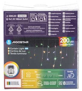 Aigostar - LED Външен коледен гирлянд 200xLED/8 функции 3xAA 13x06m IP44 многоцветен