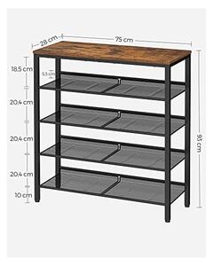 Шкаф за обувки с 5 рафта, Vasagle, 28 x 75 x 93 см, LBS038B01, Кафяво рустикално