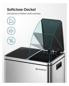 Кош за рециклиране, Songmics, 2 x 15L, вътрешни дръжки, Сребристо / Черно, LTB30H