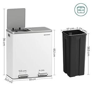 Двоен кош за рециклиране, Songmics, 2 x 30L, Бял, LTB60WT, 59 x 32 x 65 см