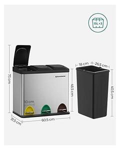 Кош за рециклиране, Songmics, 3 x 15 L, Сребрист, LTB45L