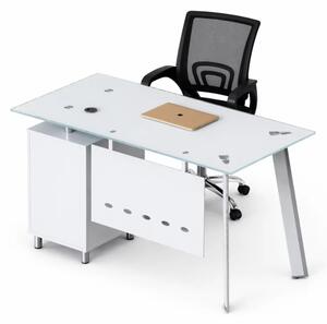 Комплект Venus & FlexiPro – Бюро със стъклен плот, фиксиран страничен шкаф и ергономичен офис стол с мрежеста облегалка
