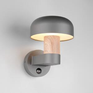 Trio Lighting Външна лампа за стена Fraser Sensor, сив/дерево, алуминий IP54 E27, Дърво, Алуминий