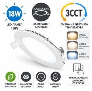 LED Панел за вграждане 18 W Ф22 ,3 CCT, с вкл. драйвър