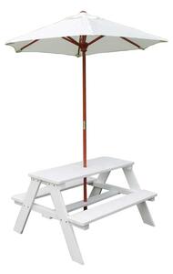 GINGER HOME Дървена маса с пейки и чадър с UV защита БЯЛА