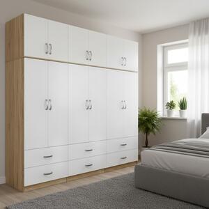 Гардероб с 6 врати, Athos V24, бял-дъб, 240x42x240 см