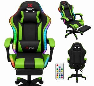 Xgaming LED геймърски стол с поставка за крака – черно-зелен