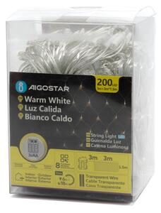 Aigostar LED външен коледен гирлянд 200 LED, 8 функции, 3xAA, IP44, топло бяло
