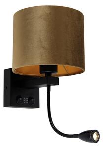 Wandlamp zwart met velours kap brons 18cm - Brescia