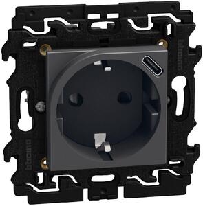 Bticino Контакт ШУКО 2P+E 16A + USB тип C 1.5A 7.5W с носеща рамка 2 мод. цвят Графит Light Now Bticino YD4141USB