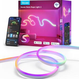 Smart LED лента Govee Neon Rope Light 2 RGBIC H61D5301, 48W, 5 m, 173 lm, Bluetooth, Wi-Fi, Matter, Таймер, Самозалепваща, 420 диода, 11 музикални режима, Бял