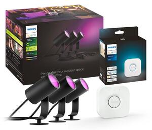 Philips Hue LED прожектор Lily, комплект от 3, мост, RGB, CCT, IP65, Затъмняване, Черен, Метал, Модерен