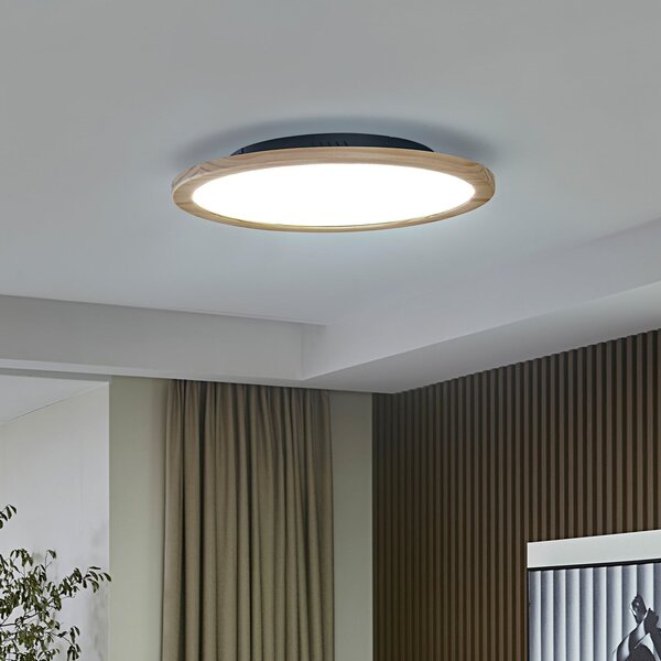 Lucande LED осветление за таван Joren, Ø 48 cm, дърво, CCT, дистанционно, Затъмняване, Дърво, Дневна/трапезария, Дървесина, Къща в провинцията / Рустик