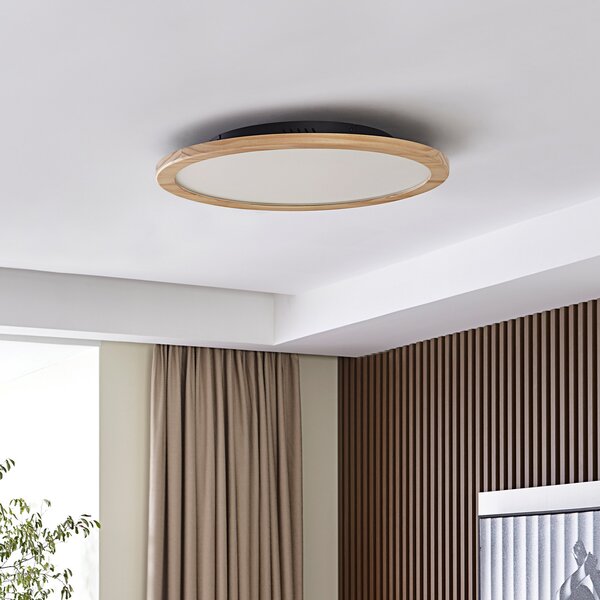 Lucande LED осветление за таван Joren, Ø 48 cm, дърво, CCT, дистанционно, Затъмняване, Дърво, Дневна/трапезария, Дървесина, Къща в провинцията / Рустик