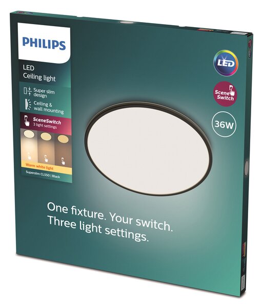 Philips Плафонна лампа SuperSlim 2 700K Ø54cm черна, Затъмняване, Черен, кабинет / офис, Метал