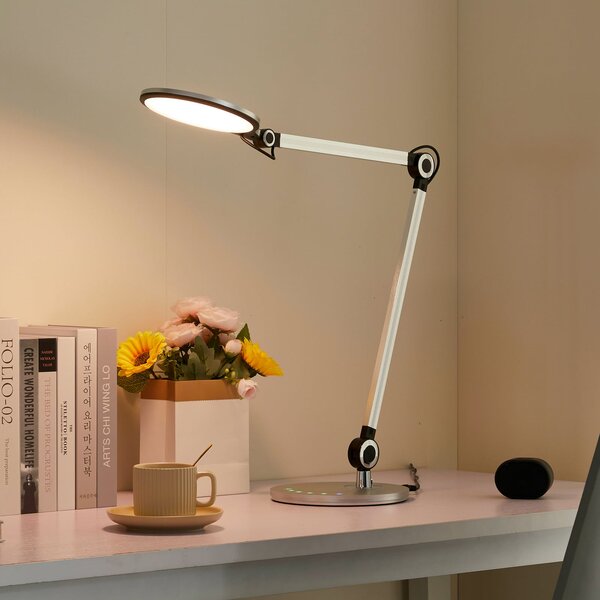 Lindby LED настолна лампа Nyxaris, сребро, метал, CCT, 50 cm, Затъмняване, Металик, кабинет / офис, Пластмаса, Модерен