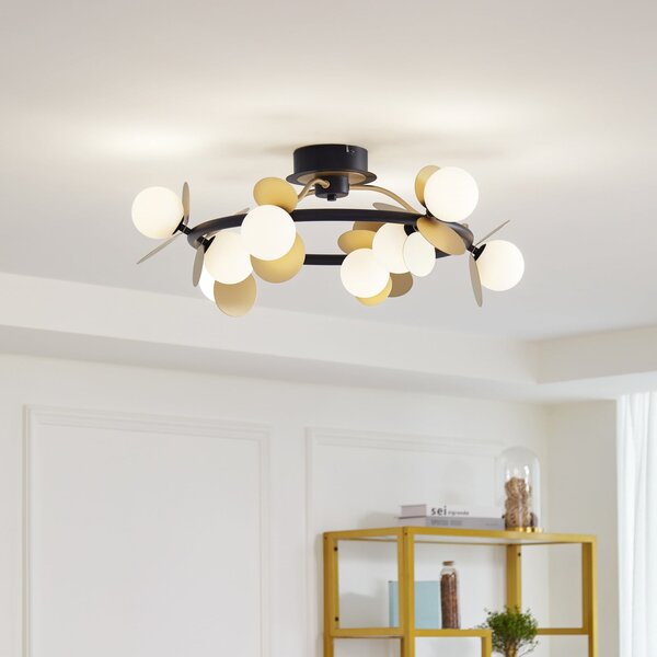 Lucande LED лампа за таван Pallo, 9 светлини, черно/златно, стъкло, Затъмняване, Черен, Дневна/трапезария, Метал, Модерен