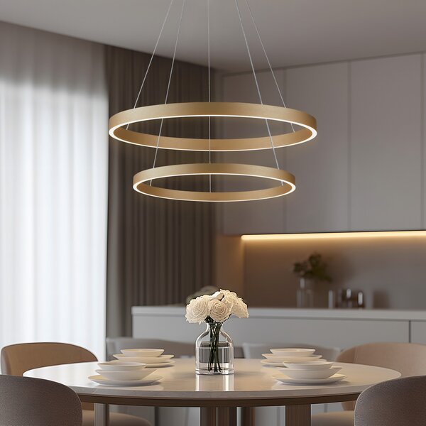 Lucande Smart LED висящо осветление Yonam, златисто, 2 светлини, Tuya, Затъмняване, Злато / месинг, Дневна/трапезария, Алуминий, Модерен