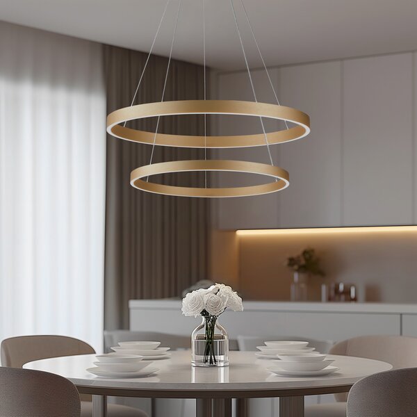 Lucande Smart LED висящо осветление Yonam, златисто, 2 светлини, Tuya, Затъмняване, Злато / месинг, Дневна/трапезария, Алуминий, Модерен
