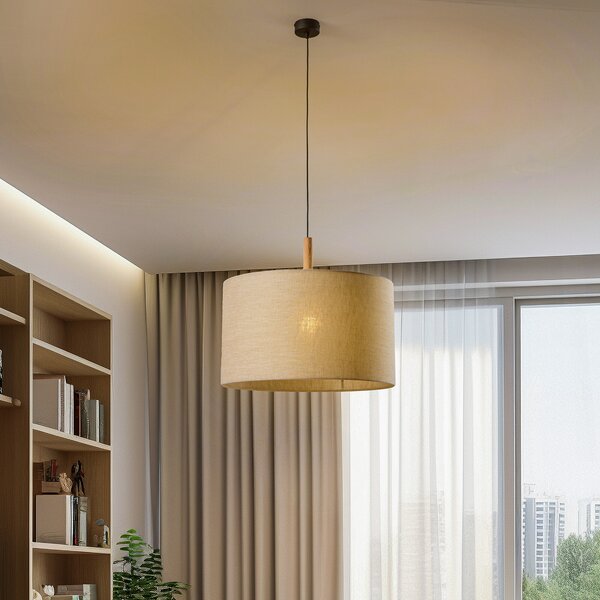 TK Lighting Висяща лампа Deva Nature, с един пламък, текстилен абажур, Затъмняване, Бежов, Дневна/трапезария, Плат / текстил, Скандинавски