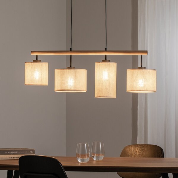 TK Lighting Висяща лампа Deva Nature, четирипламенна, текстил, Затъмняване, Бежов, Дневна/трапезария, Дървесина, Скандинавски
