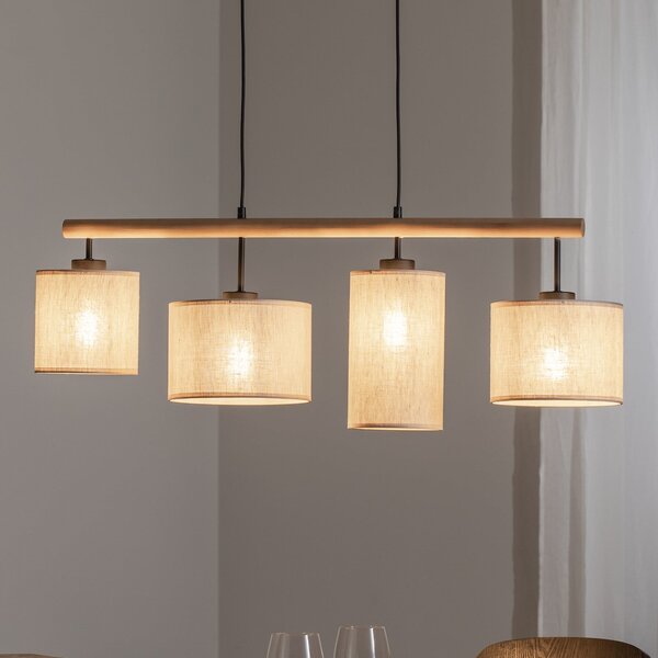 TK Lighting Висяща лампа Deva Nature, четирипламенна, текстил, Затъмняване, Бежов, Дневна/трапезария, Дървесина, Скандинавски
