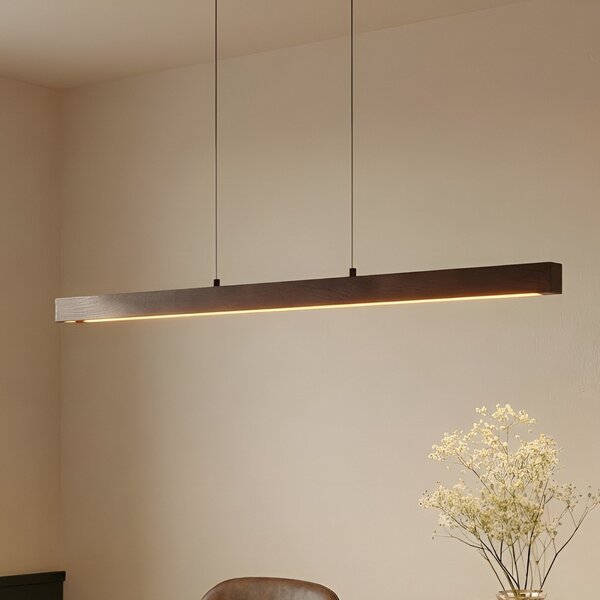Lucande LED висяща лампа Nihalo, орех, 122 cm, с регулиране на яркостта, CCT, Затъмняване, Дърво, Дневна/трапезария, Дървесина, Къща в провинцията / Рустик